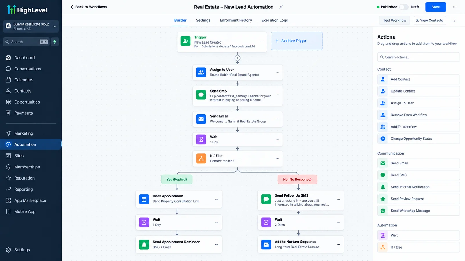 Lead follow-up workflow: assign owner, send SMS and email, wait, check for reply, book