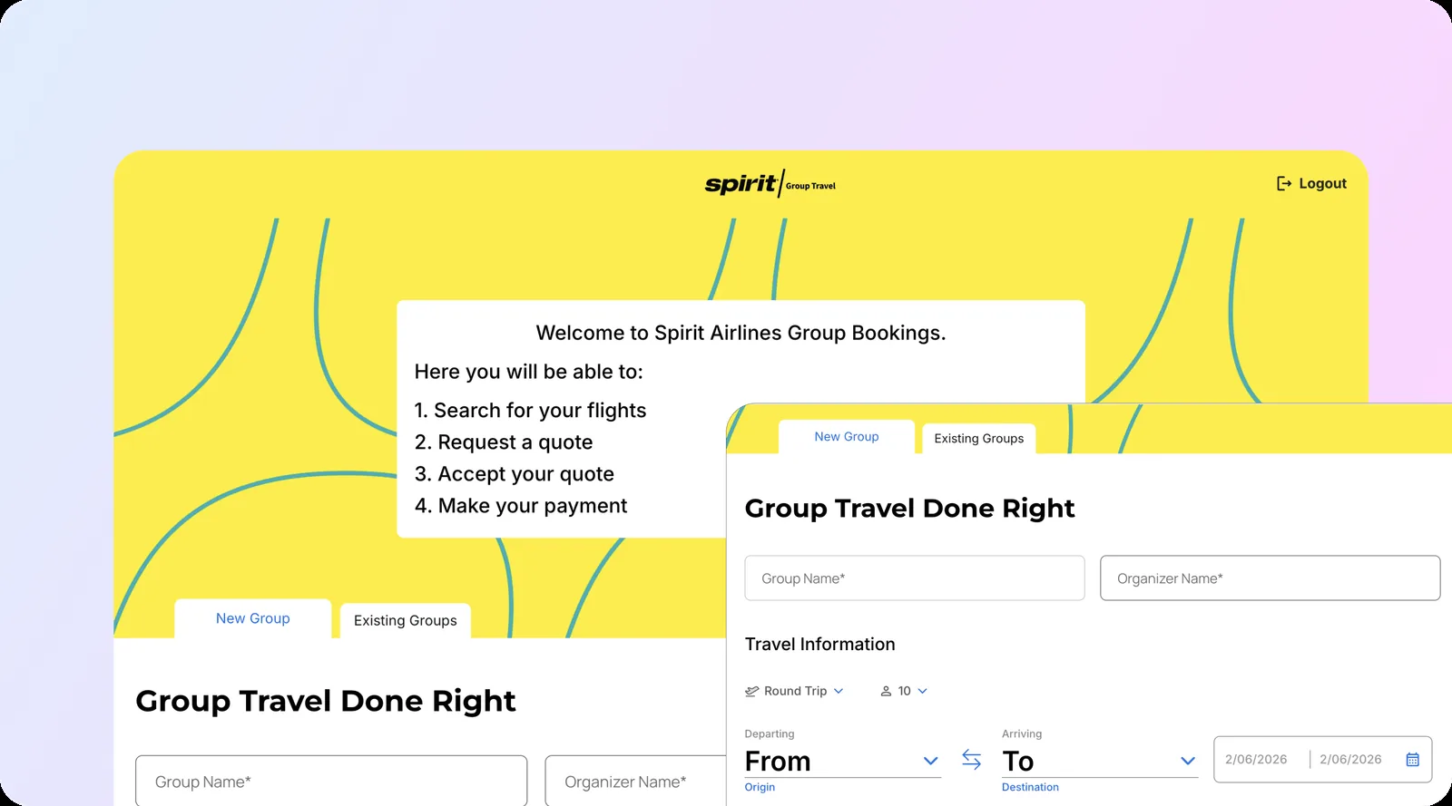 Spirit Airlines group travel platform product design: quote request form and onboarding steps
